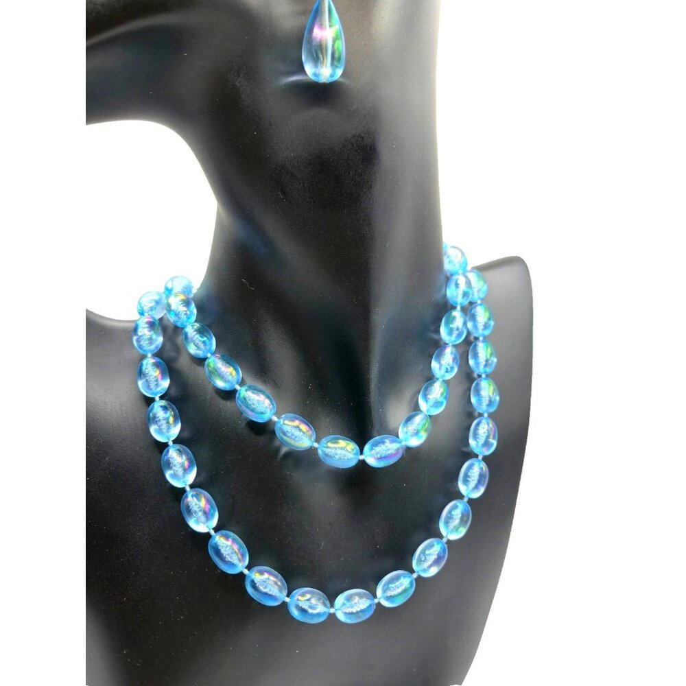 Rare Vintage Rainbow Jelly Lucite Necklace & Earrings Iridescent Blue Set